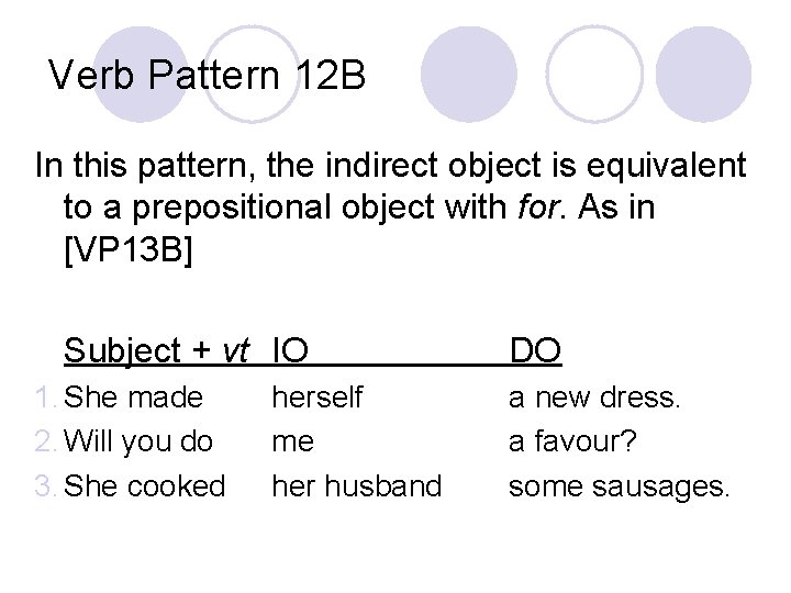 Verb Pattern 12 B In this pattern, the indirect object is equivalent to a