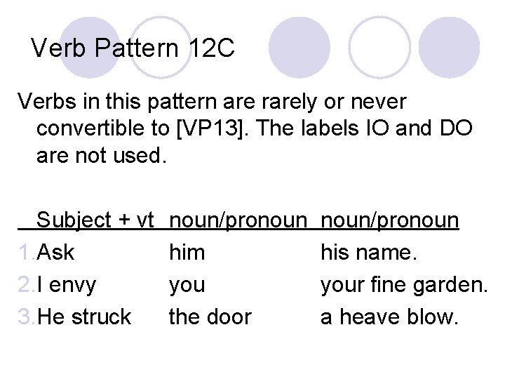 Verb Pattern 12 C Verbs in this pattern are rarely or never convertible to