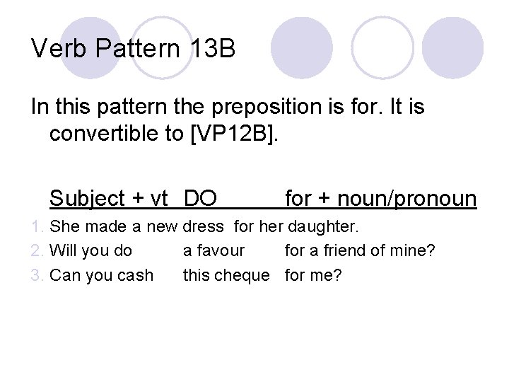 Verb Pattern 13 B In this pattern the preposition is for. It is convertible