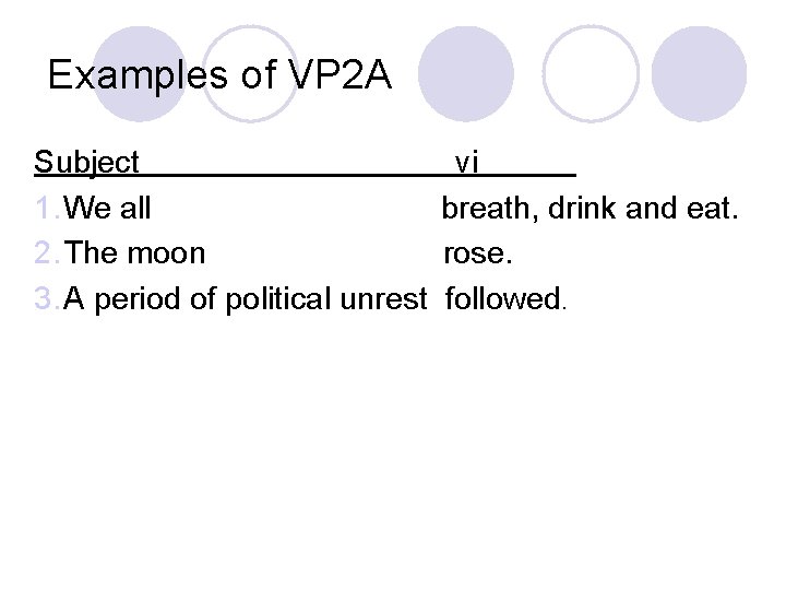 Examples of VP 2 A Subject 1. We all 2. The moon 3. A