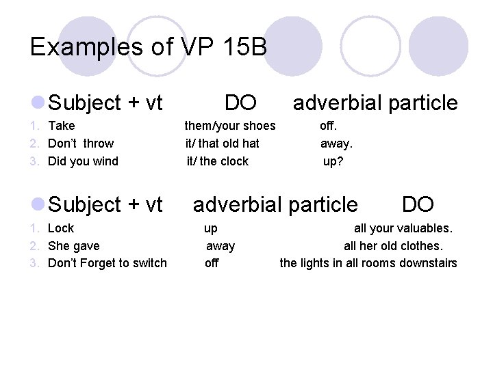 Examples of VP 15 B l Subject + vt 1. Take 2. Don’t throw