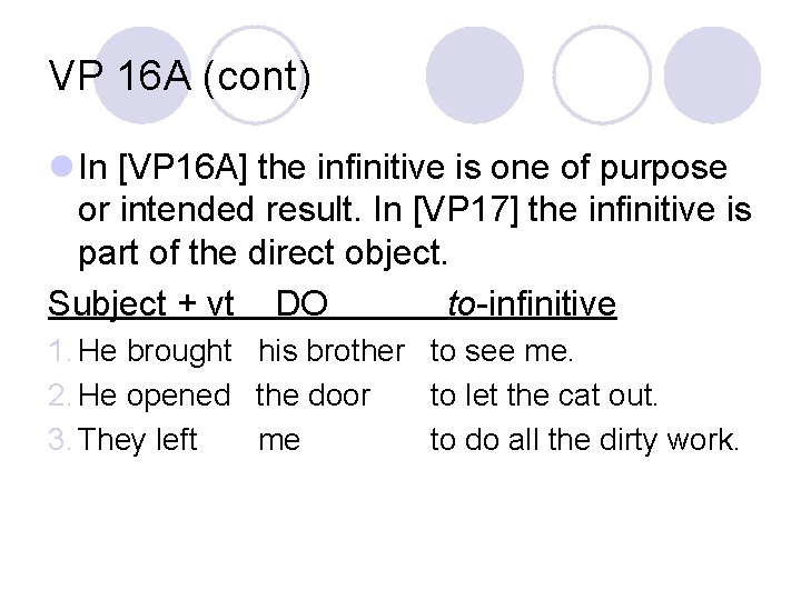 VP 16 A (cont) l In [VP 16 A] the infinitive is one of