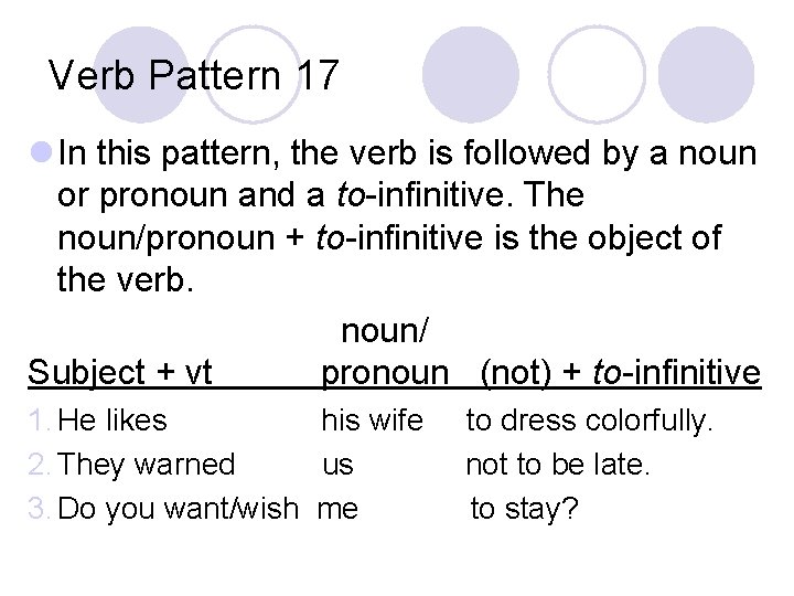 Verb Pattern 17 l In this pattern, the verb is followed by a noun