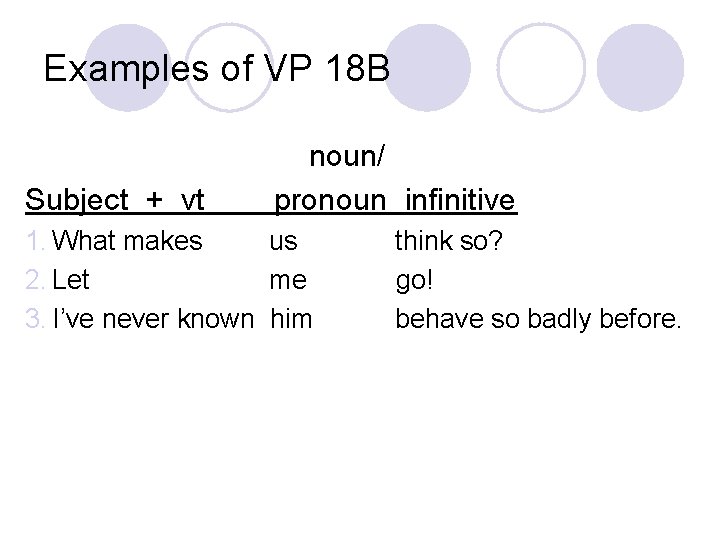 Examples of VP 18 B Subject + vt noun/ pronoun infinitive 1. What makes