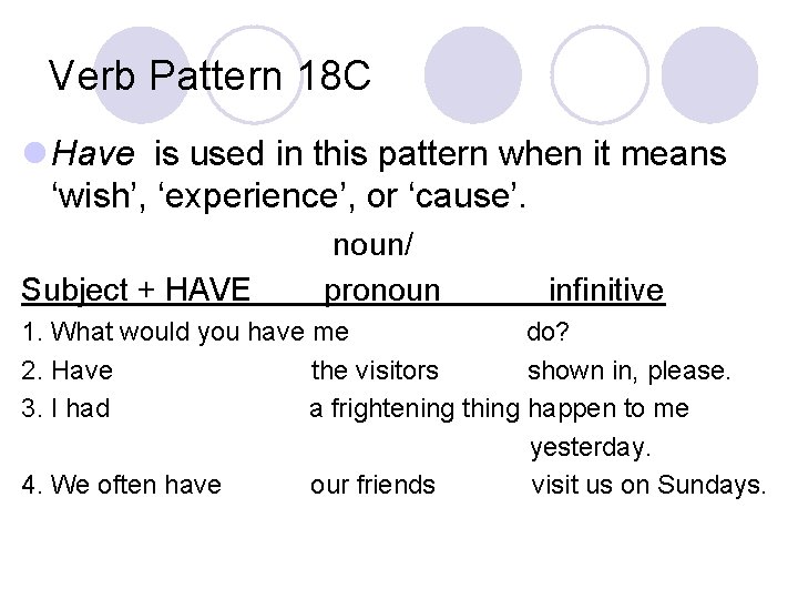 Verb Pattern 18 C l Have is used in this pattern when it means