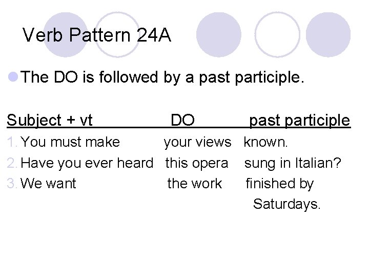 Verb Pattern 24 A l The DO is followed by a past participle. Subject
