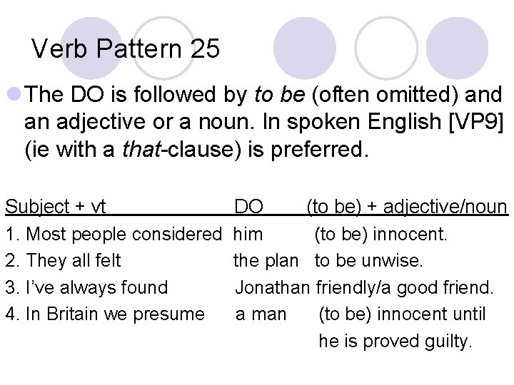 Verb Pattern 25 l The DO is followed by to be (often omitted) and