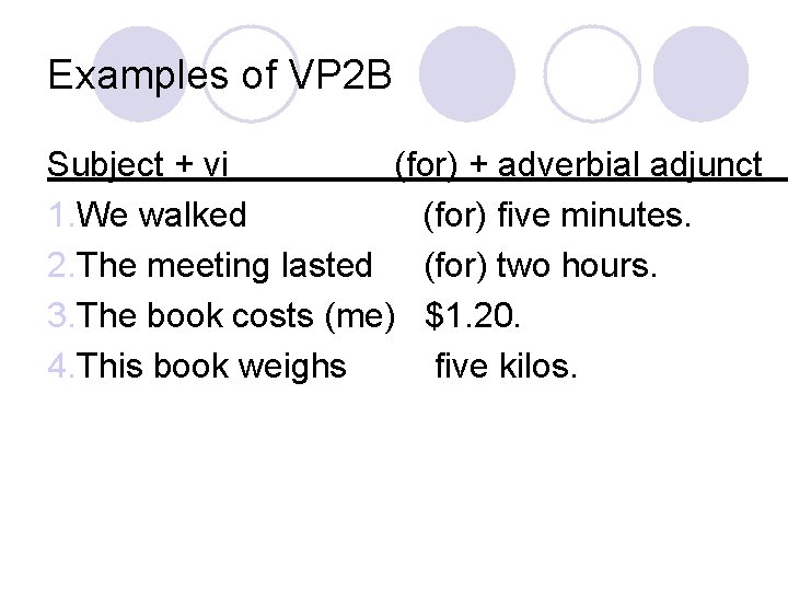 Examples of VP 2 B Subject + vi (for) + adverbial adjunct 1. We