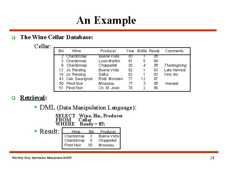 An Example q The Wine Cellar Database: Cellar: Bin 2 3 6 12 16