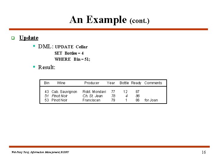 An Example (cont. ) q Update • DML: UPDATE Cellar SET Bottles = 4