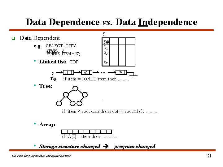 Data Dependence vs. Data Independence q S Data Dependent S# e. g. SELECT CITY