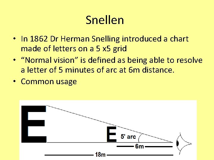 Snellen • In 1862 Dr Herman Snelling introduced a chart made of letters on