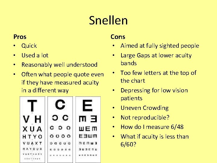 Snellen Pros • • Quick Used a lot Reasonably well understood Often what people