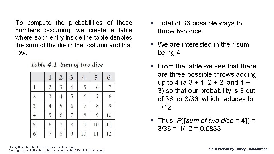 To compute the probabilities of these numbers occurring, we create a table where each