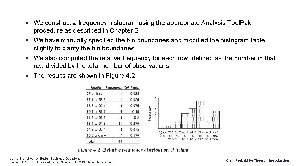  We construct a frequency histogram using the appropriate Analysis Tool. Pak procedure as