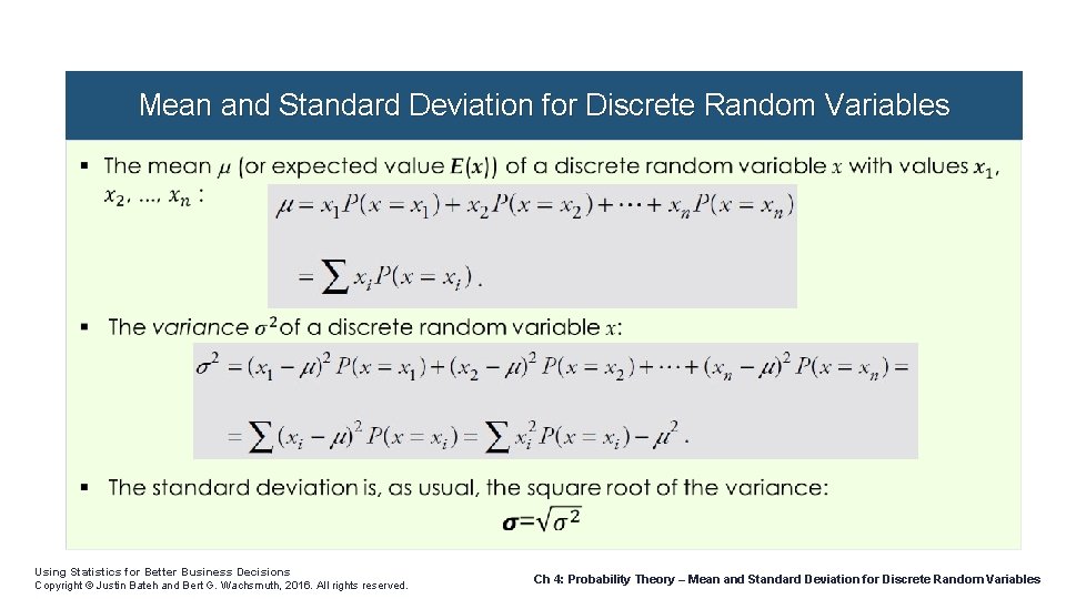 Mean and Standard Deviation for Discrete Random Variables Using Statistics for Better Business Decisions