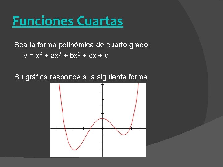 Funciones Cuartas Sea la forma polinómica de cuarto grado: y = x 4 +