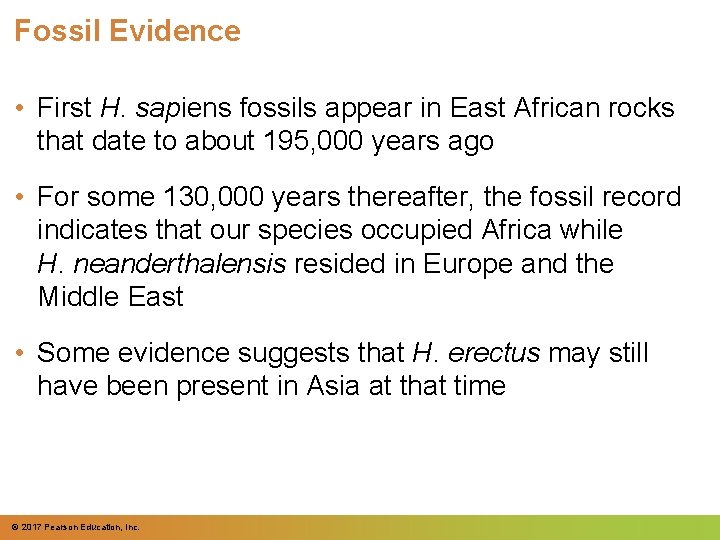 Fossil Evidence • First H. sapiens fossils appear in East African rocks that date Fossil Evidence • First H. sapiens fossils appear in East African rocks that date