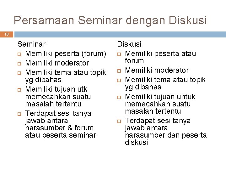 Persamaan Seminar dengan Diskusi 13 Seminar Memiliki peserta (forum) Memiliki moderator Memiliki tema atau
