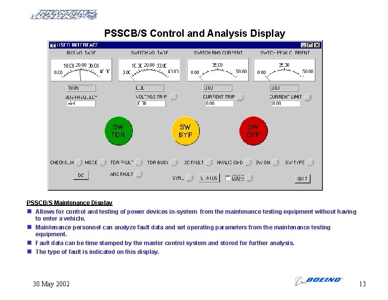 PSSCB/S Control and Analysis Display PSSCB/S Maintenance Display n Allows for control and testing