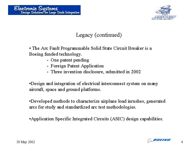Legacy (continued) • The Arc Fault Programmable Solid State Circuit Breaker is a Boeing