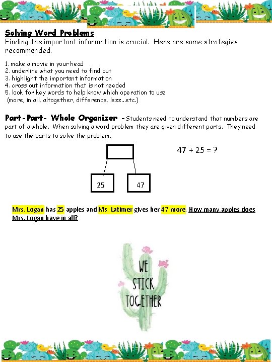 Solving Word Problems Finding the important information is crucial. Here are some strategies recommended.