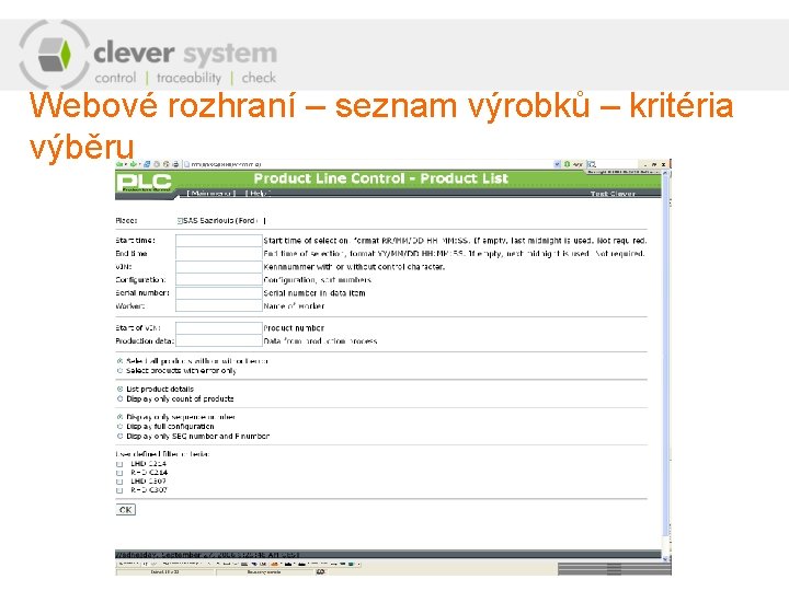 Webové rozhraní – seznam výrobků – kritéria výběru 