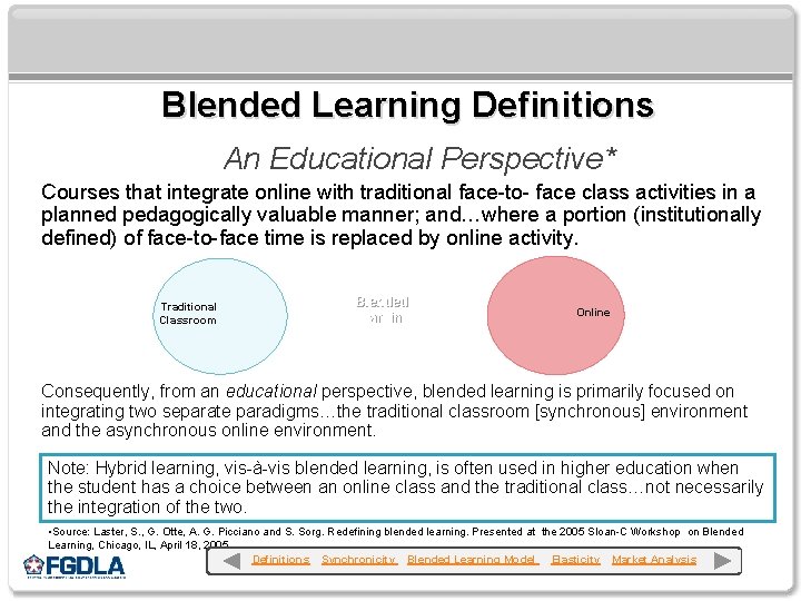 Blended Learning Definitions An Educational Perspective* Courses that integrate online with traditional face-to- face