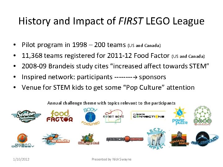 History and Impact of FIRST LEGO League • • • Pilot program in 1998