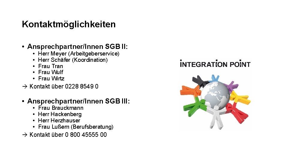 Kontaktmöglichkeiten • Ansprechpartner/Innen SGB II: • Herr Meyer (Arbeitgeberservice) • Herr Schäfer (Koordination) •