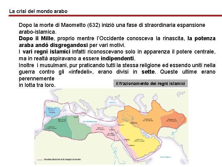 La crisi del mondo arabo Dopo la morte di Maometto (632) iniziò una fase