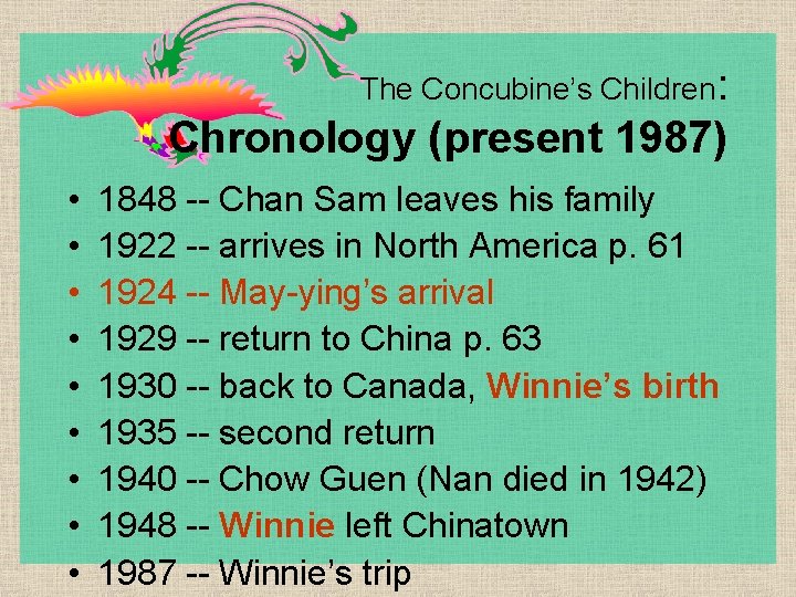 The Concubine’s Children: Chronology (present 1987) • • • 1848 -- Chan Sam leaves