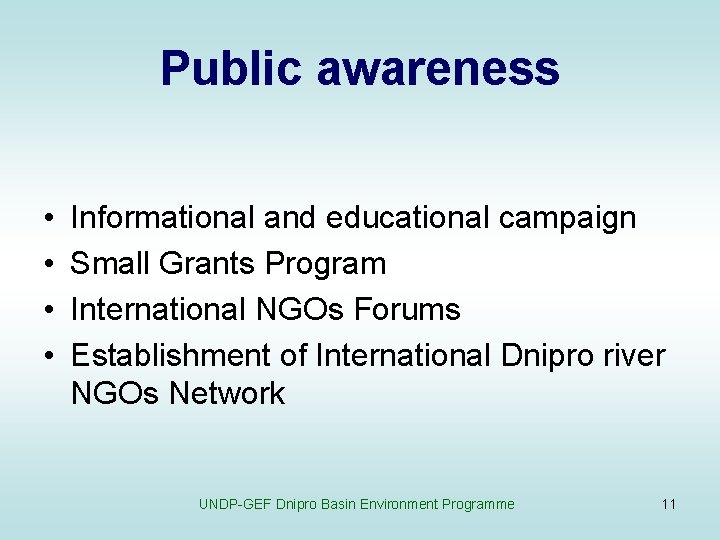 Public awareness • • Informational and educational campaign Small Grants Program International NGOs Forums