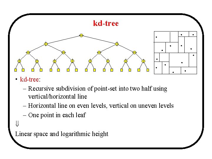 kd-tree • kd-tree: – Recursive subdivision of point-set into two half using vertical/horizontal line