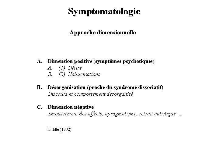Symptomatologie Approche dimensionnelle A. Dimension positive (symptômes psychotiques) A. (1) Délire B. (2) Hallucinations