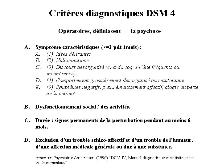 Critères diagnostiques DSM 4 Opératoires, définissent ++ la psychose A. Symptôme caractéristiques (>=2 pdt