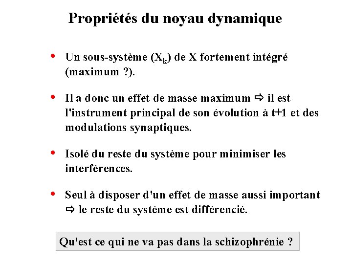 Propriétés du noyau dynamique • Un sous-système (Xk) de X fortement intégré (maximum ?