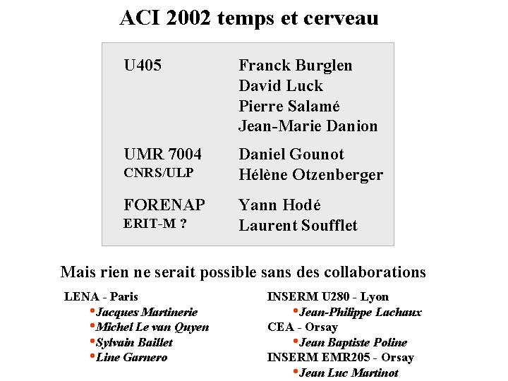 ACI 2002 temps et cerveau U 405 Franck Burglen David Luck Pierre Salamé Jean-Marie