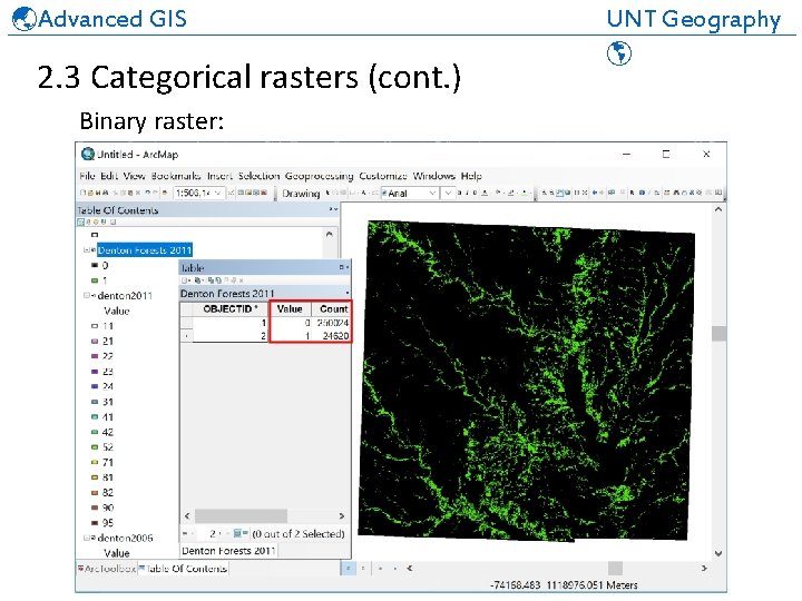  Advanced GIS UNT Geography ______________________________ 2. 3 Categorical rasters (cont. ) Binary raster: