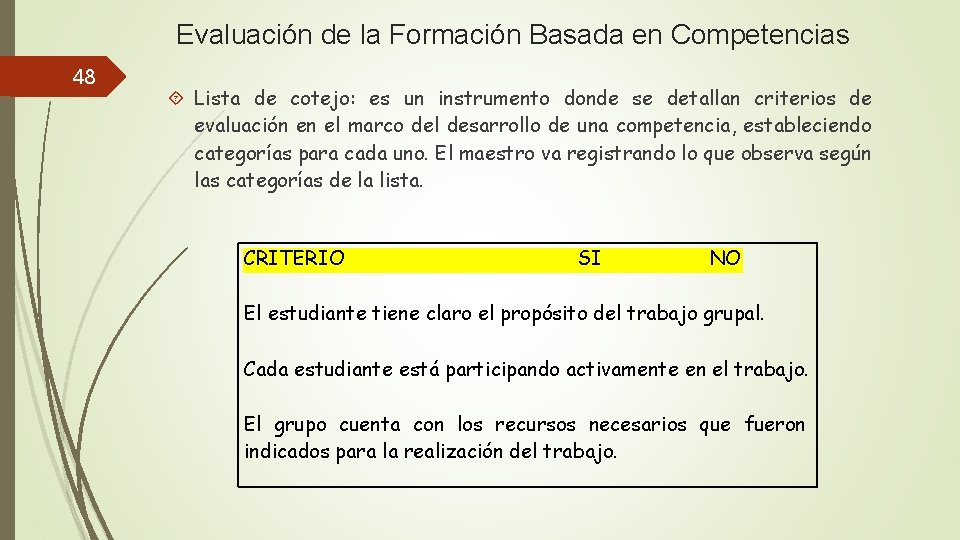 Evaluación de la Formación Basada en Competencias 48 Lista de cotejo: es un instrumento