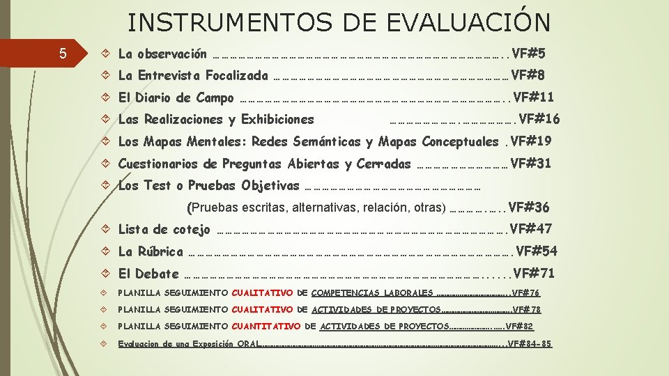 INSTRUMENTOS DE EVALUACIÓN 5 La observación ……………………………………………. . VF#5 La Entrevista Focalizada ……………………………………VF#8 El