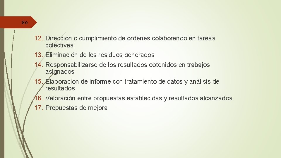 80 12. Dirección o cumplimiento de órdenes colaborando en tareas colectivas 13. Eliminación de