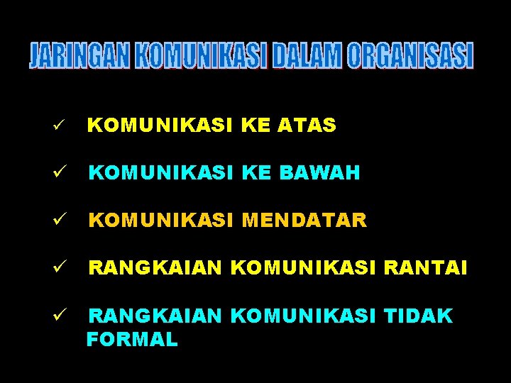 ü KOMUNIKASI KE ATAS ü KOMUNIKASI KE BAWAH ü KOMUNIKASI MENDATAR ü RANGKAIAN KOMUNIKASI