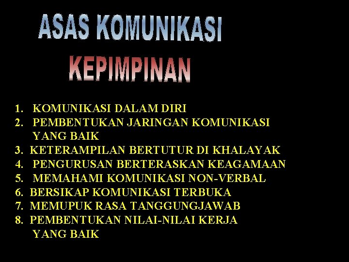 1. KOMUNIKASI DALAM DIRI 2. PEMBENTUKAN JARINGAN KOMUNIKASI YANG BAIK 3. KETERAMPILAN BERTUTUR DI