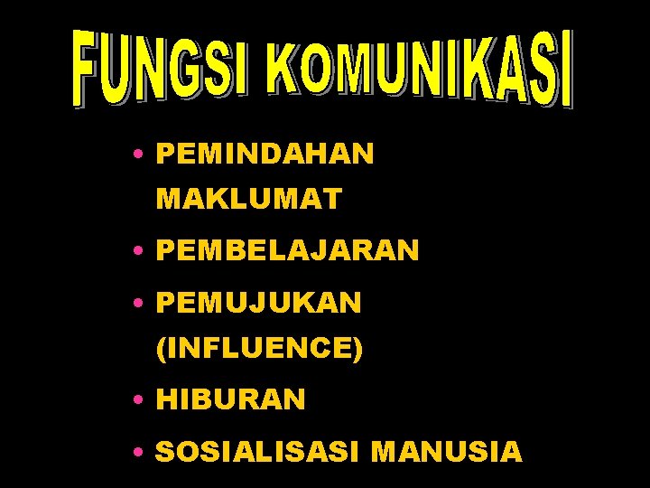  • PEMINDAHAN MAKLUMAT • PEMBELAJARAN • PEMUJUKAN (INFLUENCE) • HIBURAN • SOSIALISASI MANUSIA