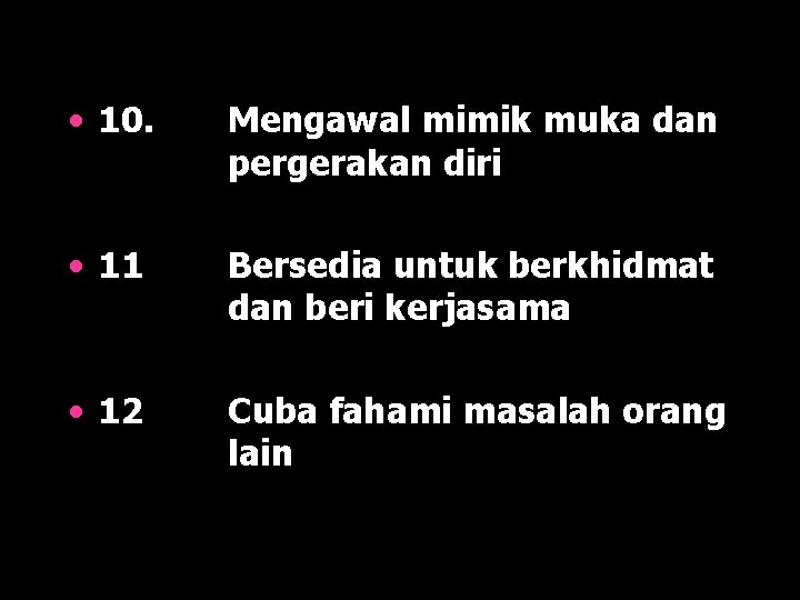  • 10. Mengawal mimik muka dan pergerakan diri • 11 Bersedia untuk berkhidmat