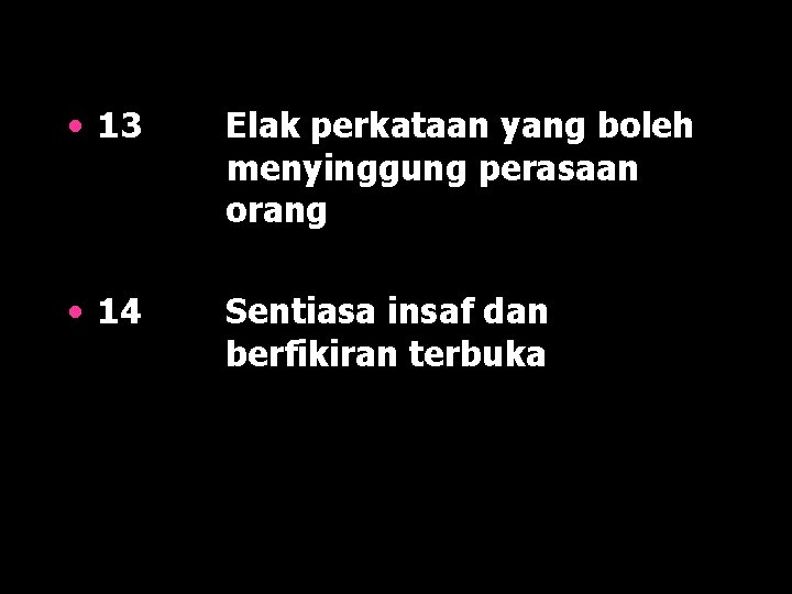  • 13 Elak perkataan yang boleh menyinggung perasaan orang • 14 Sentiasa insaf