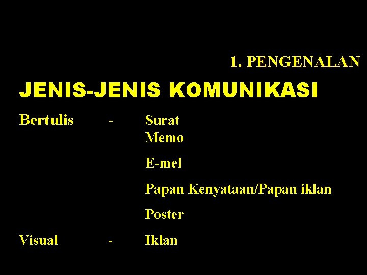 1. PENGENALAN JENIS-JENIS KOMUNIKASI Bertulis - Surat Memo E-mel Papan Kenyataan/Papan iklan Poster Visual