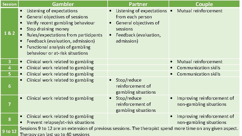 Session 1&2 3 4 5 6 7 Gambler Partner Couple Listening of expectations Mutual