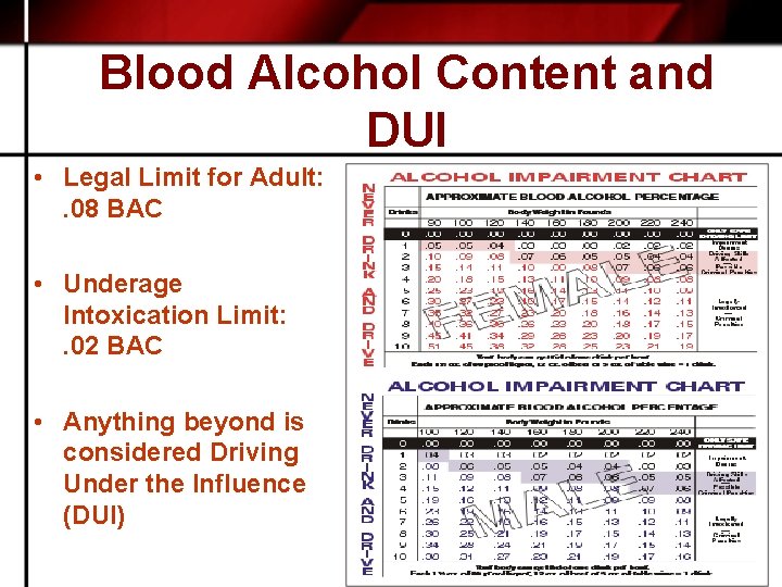 Blood Alcohol Content and DUI • Legal Limit for Adult: . 08 BAC •